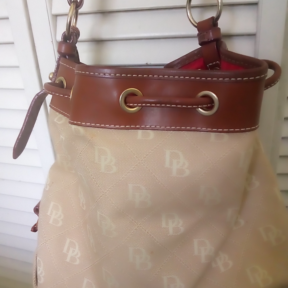 Dooney & Bourke Brown Leather Trim Drawstring Bucket Bag - Picture 3 of 5